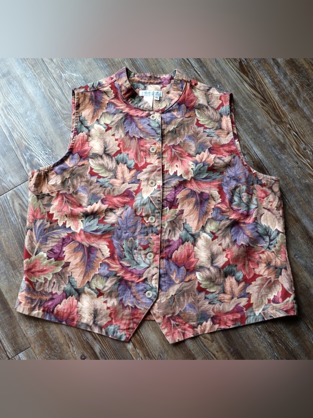 Vintage Coldwater Creek Fall Leaf Print Cotton Vest Granny Made in USA Womens XL